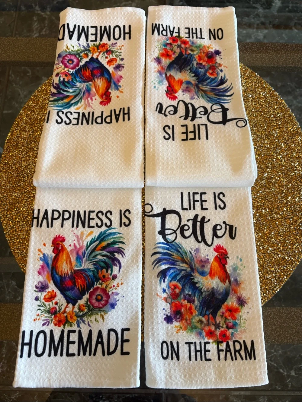 Set of 2 NWT Colorful Rooster Kitchen Towels -“Life is better on the Farm”